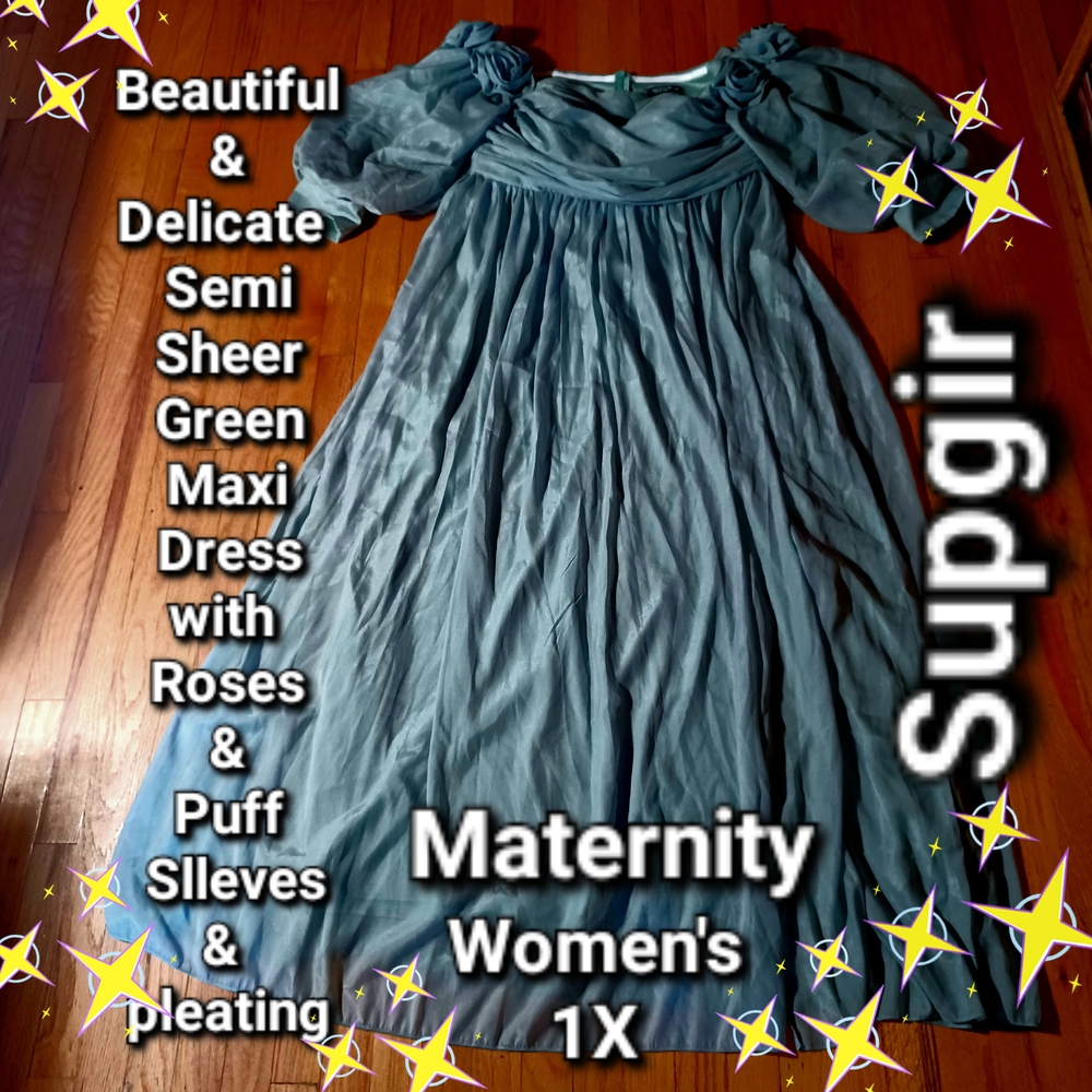Green Maxi Pl Maternity Dress Puff Sleeves RosesGathering  Check Measurements